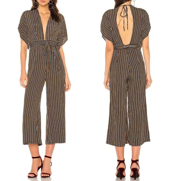 Faithfull the Brand Pants - Faithfull the Brand Cedric Jumpsuit Gold Stripe Plunging Neckline, XS US 2 AUS 6